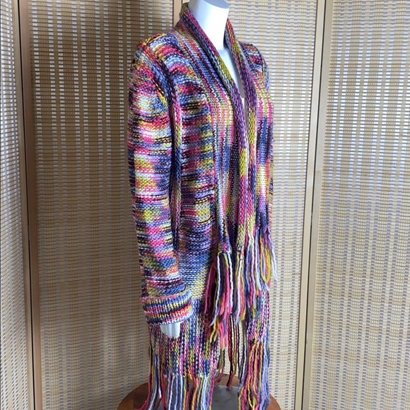 Blue Buttercup Multi Colored Long Cardigan Knit Sweater Fringe Hem Size Medium - Picture 3 of 6